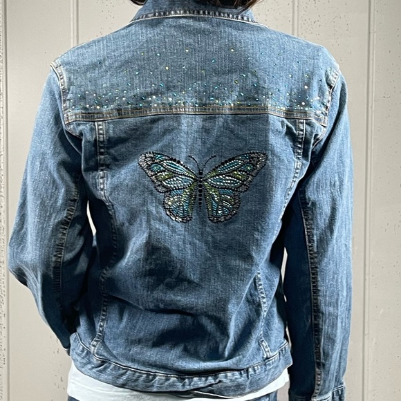 *Sunburst by Morning Sun Rhinestone Butterfly Denim Jean Jacket Sz M - Picture 12 of 17